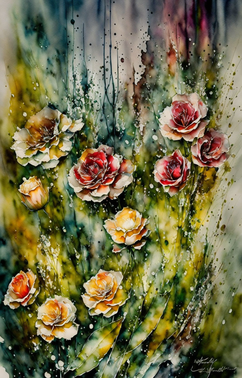 Colorful Watercolor Painting of Red and Peach Roses