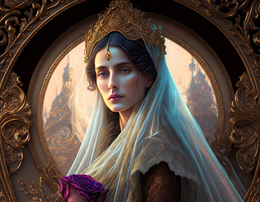 Regal woman with golden crown holding purple rose in ornate frame.