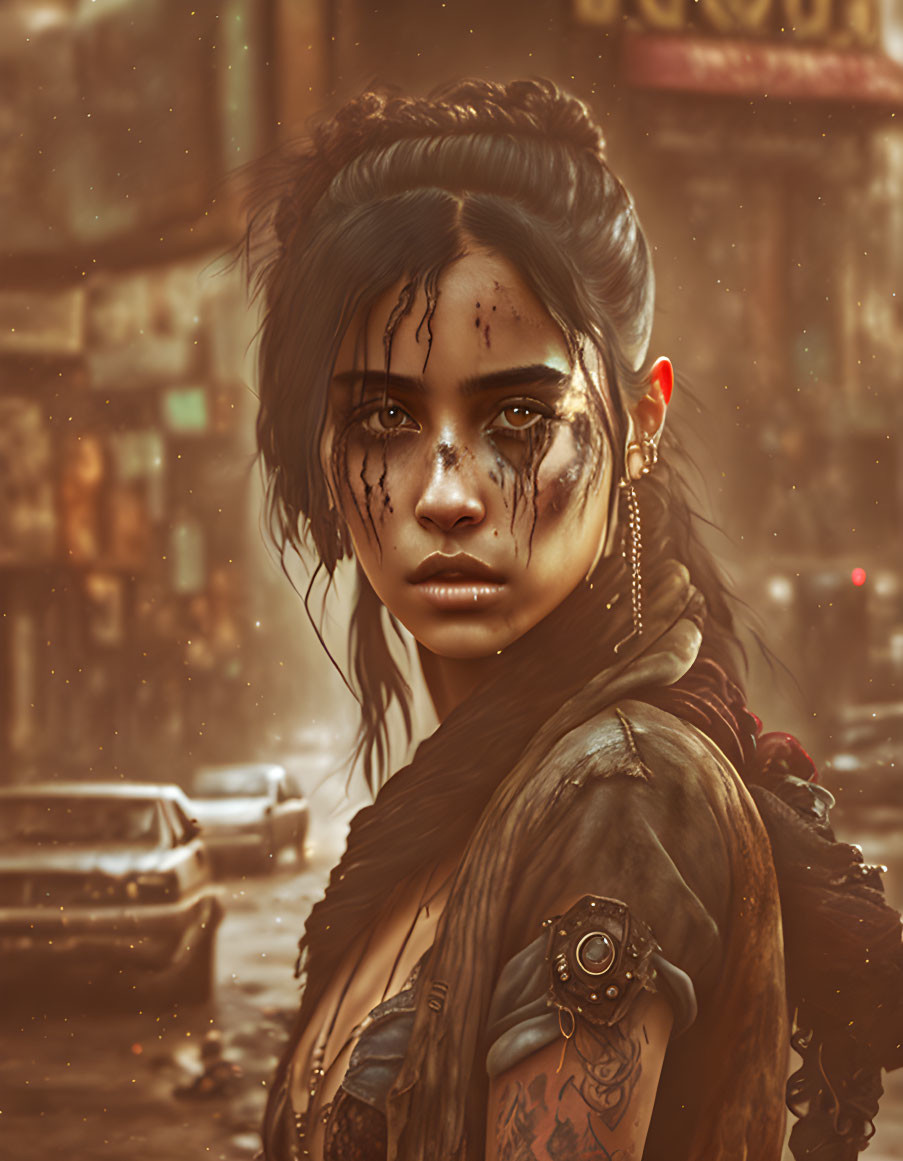 Woman with striking eyes, tattoos, piercings, and smudged makeup in gritty urban setting