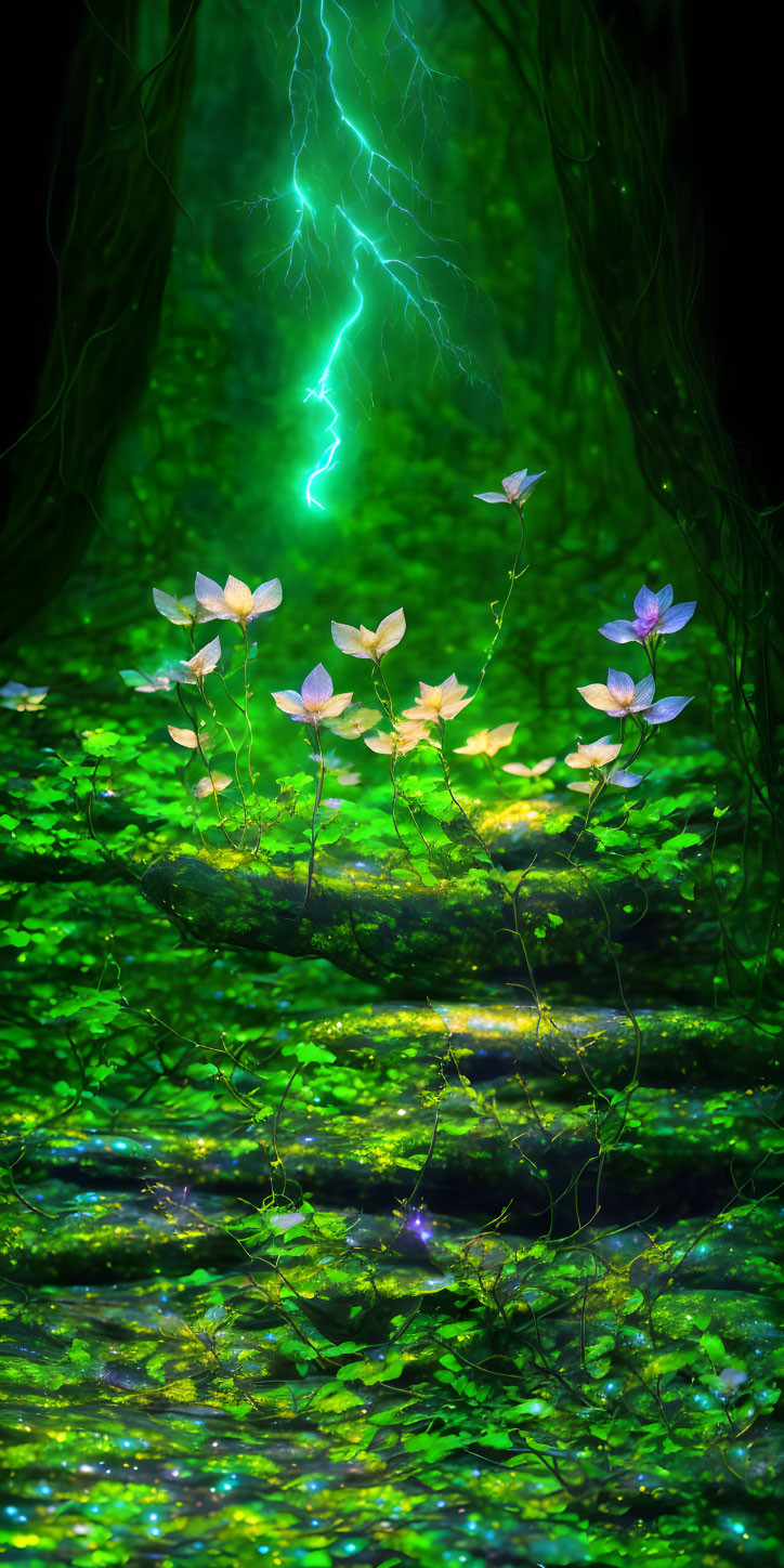 Fantasy illustration: Glowing flowers, vines, lightning bolt over shimmering water in mystical forest