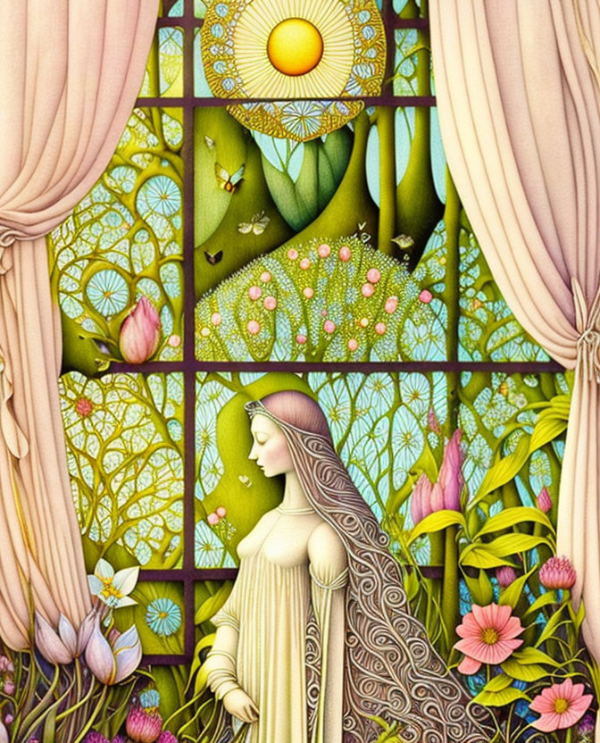 Serene woman in yellow dress among vibrant flowers and stained glass window