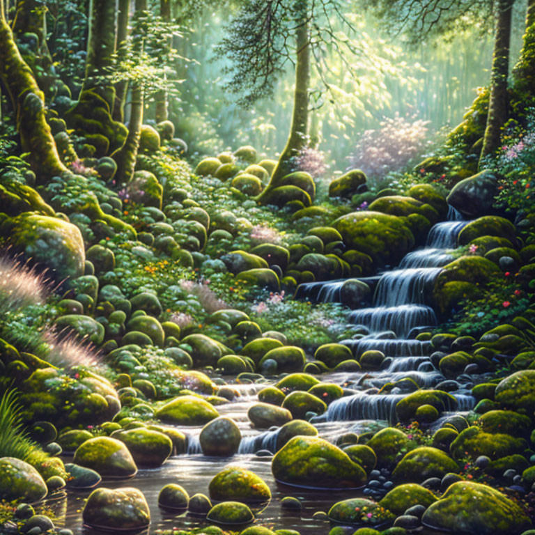 Tranquil stream flowing over mossy rocks in lush forest