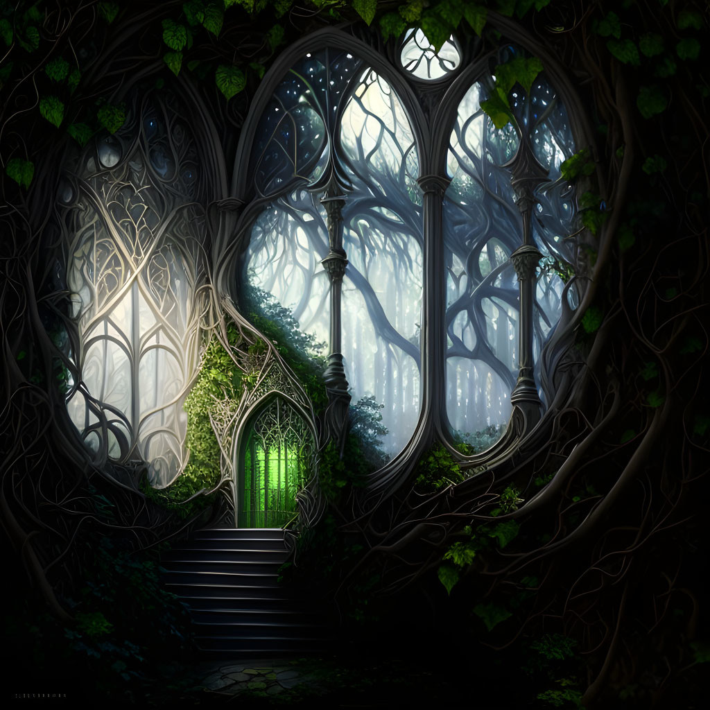 Mystical Gothic window in enchanted forest with glowing green doorway