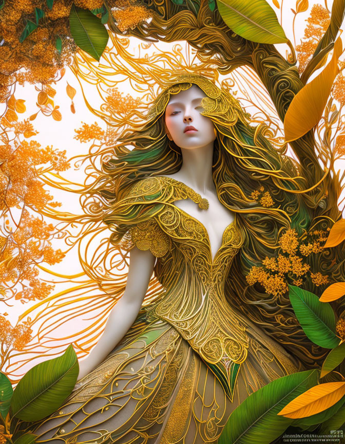 Digital artwork: Woman with golden hair, ornate dress, floral patterns in warm autumn colors