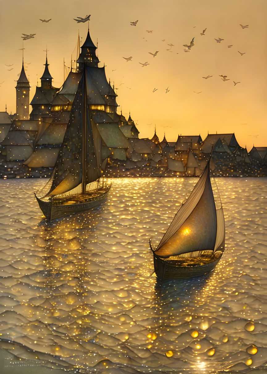 Sailboats on golden sea near castle at sunset