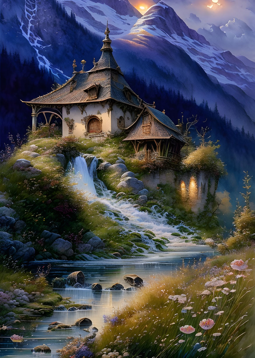 Enchanting fantasy cottage by waterfall, mountains, blooming flowers