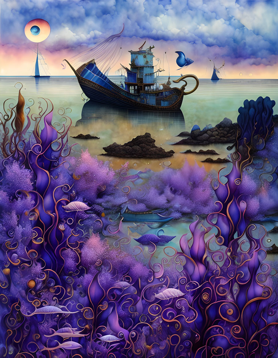 Fantastical seascape with large ship and colorful underwater flora