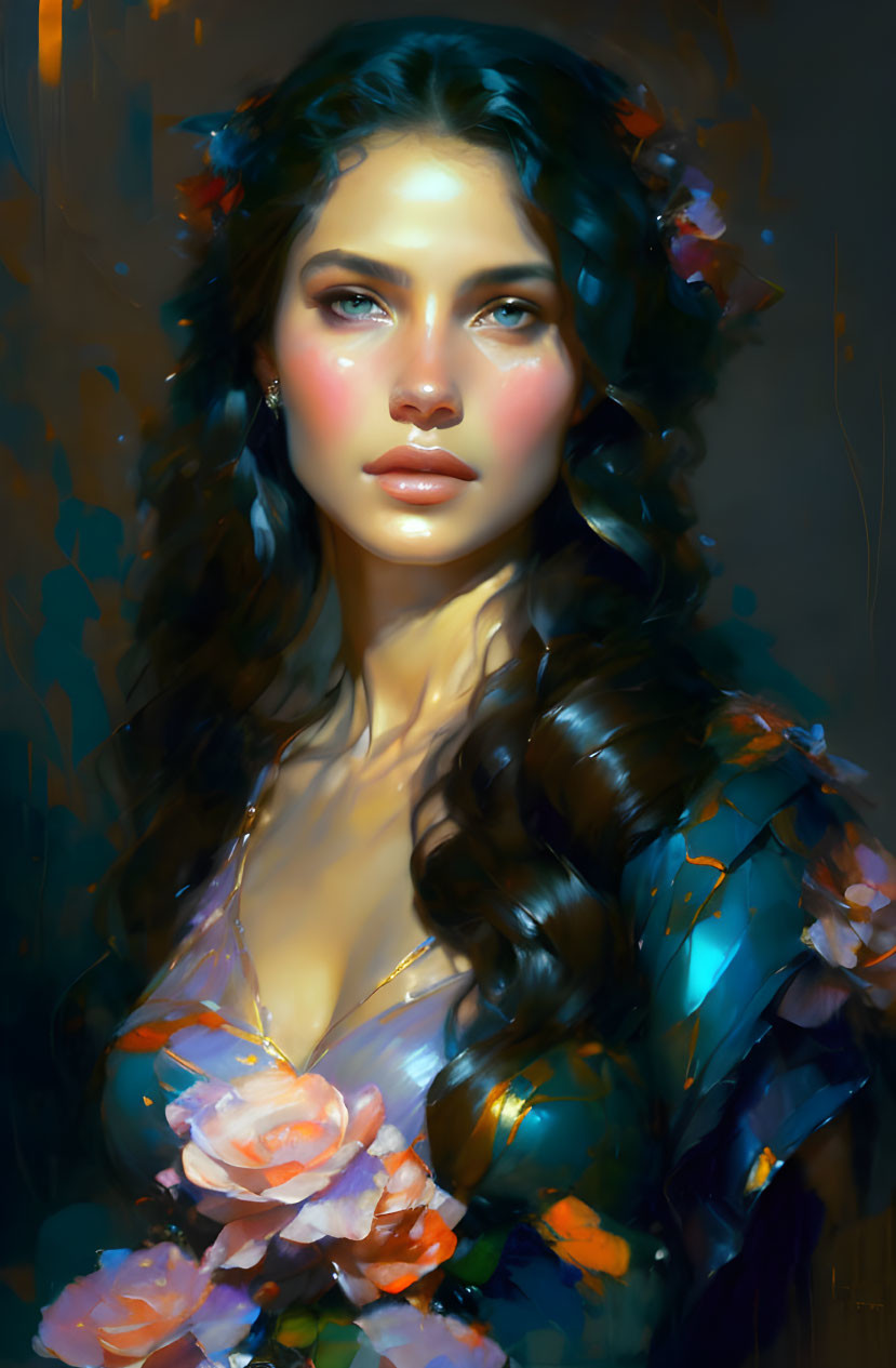 Digital painting of woman with long, curly hair and floral adorned dress