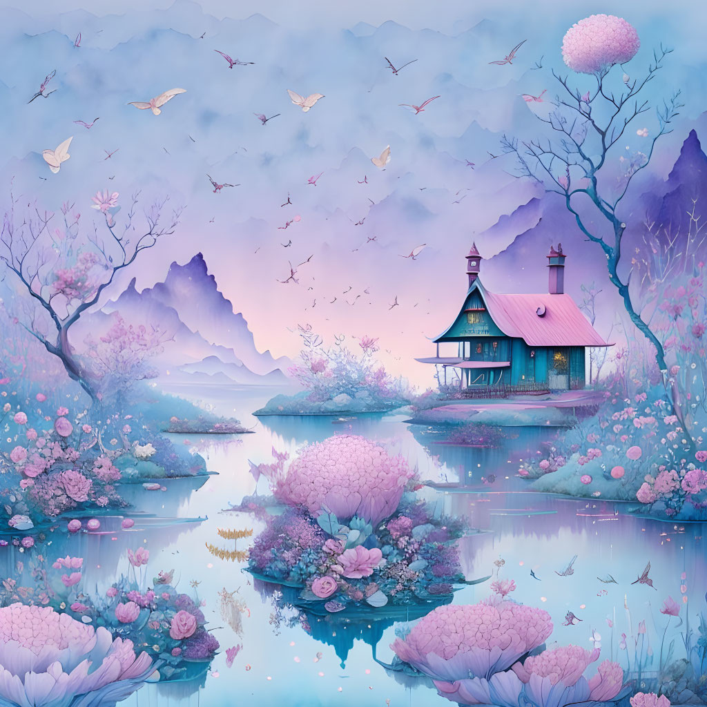 Tranquil fantasy landscape with cottage, pink flora, twilight sky, and birds