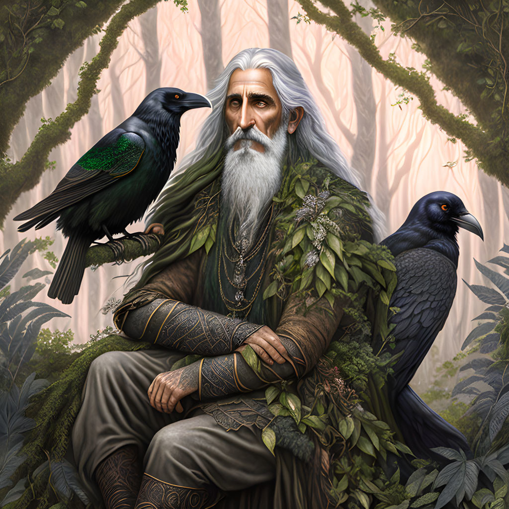 Elderly man in green robes with ravens in forest setting