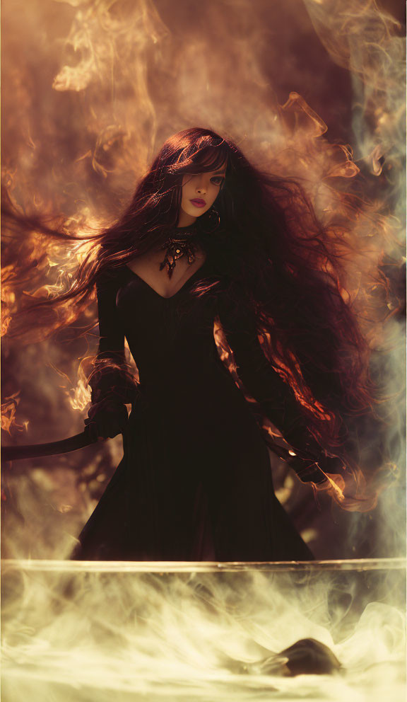 Mystical woman with long dark hair in black gothic dress amid swirling smoke