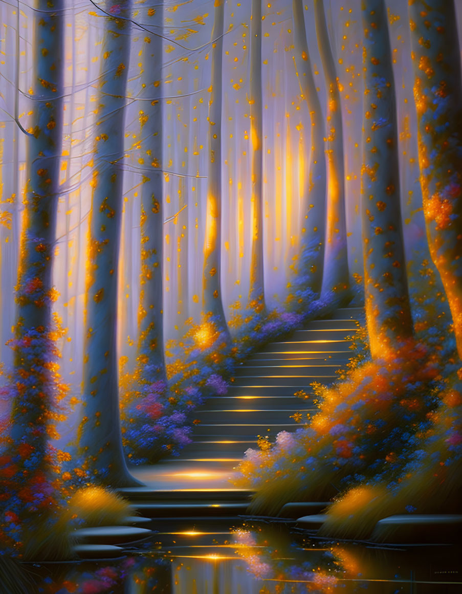 Mystical stairway in enchanted forest with golden lights and colorful blossoms