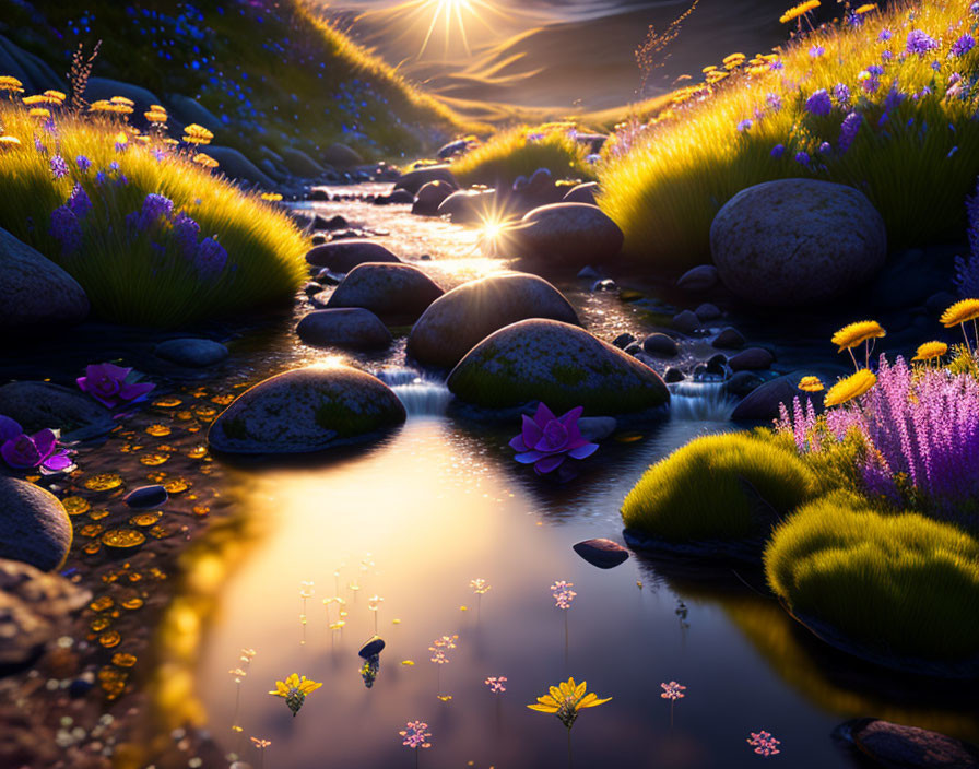 Tranquil stream with smooth rocks, vibrant flowers, and sunset reflections