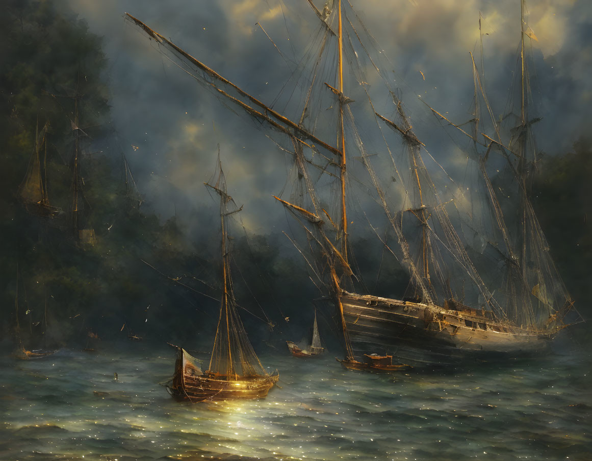 Maritime scene with sailing ships, misty trees, golden sky, and ocean waves