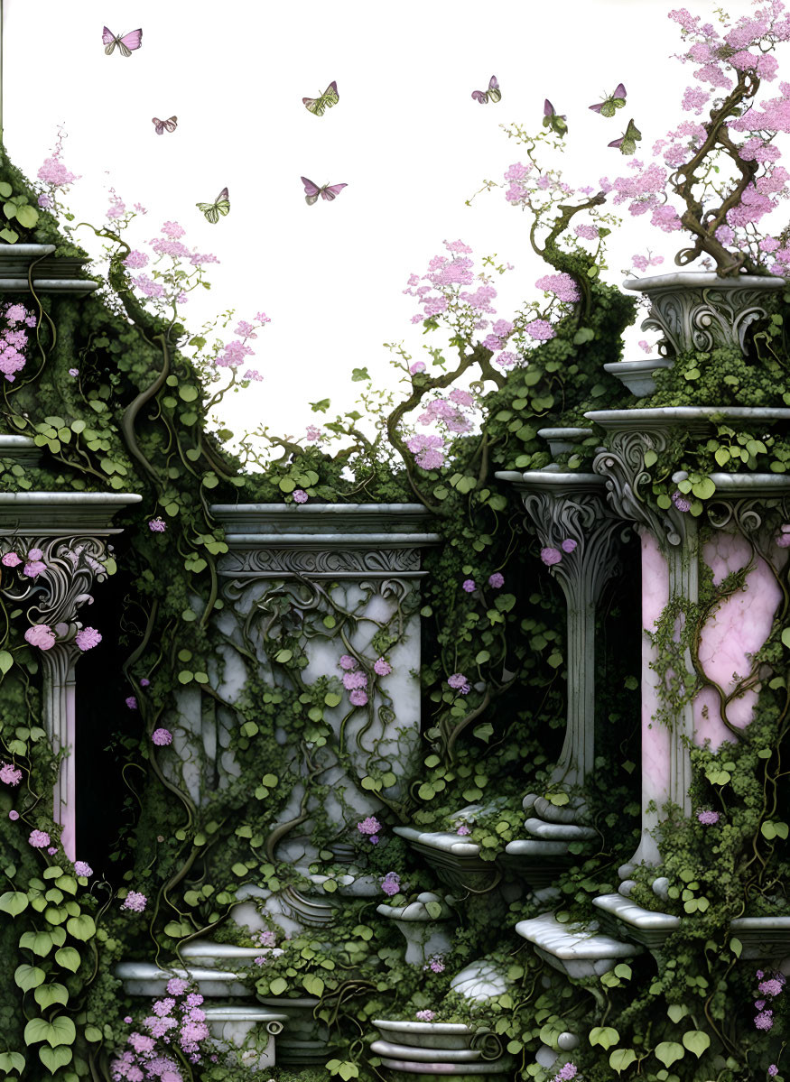 Classical columns with green vines, pink flowers, and butterflies under a light sky