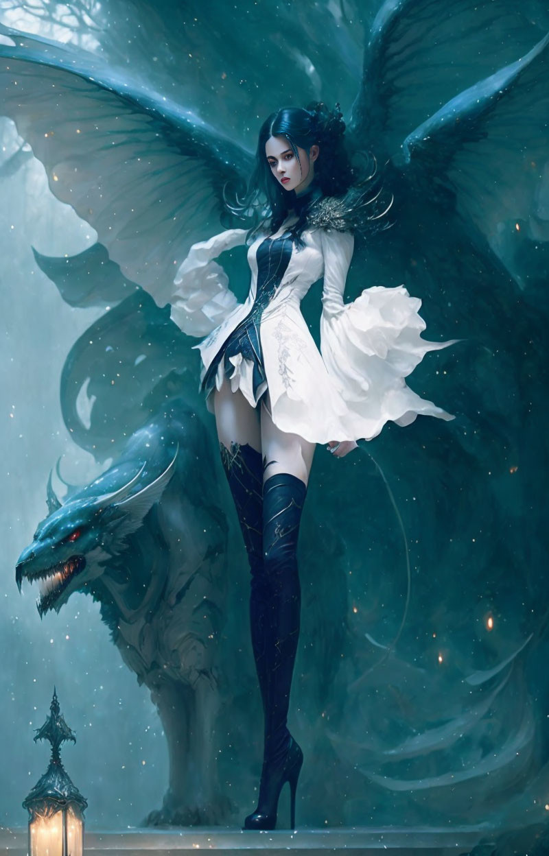 Gothic angel and dragon in snowy landscape with dark wings