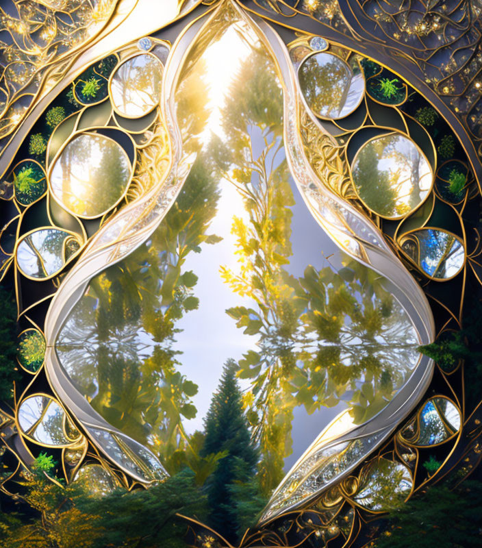 Golden ornate frame surrounding serene forest scene with sunlight filtering through tall trees.