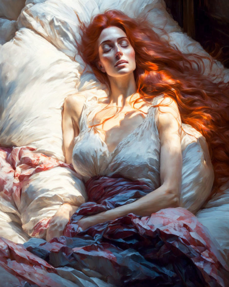 Red-haired woman on bed with white and red bedding in sunlight