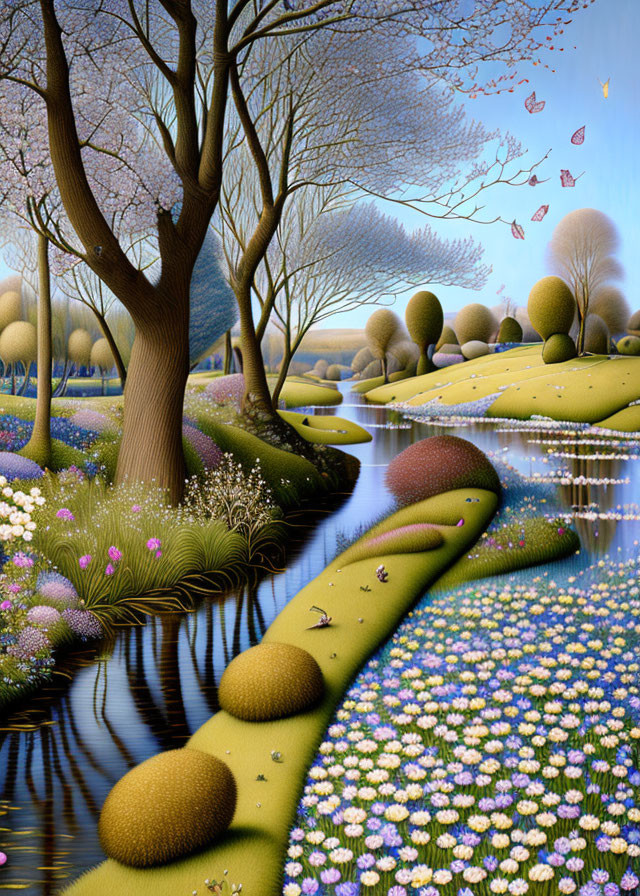 Tranquil landscape: stylized trees, winding river, vibrant flowers