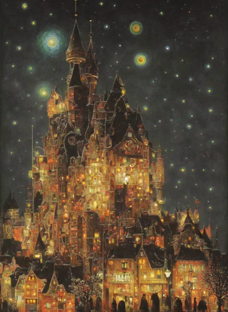 Enchanted castle overlooking illuminated village at night