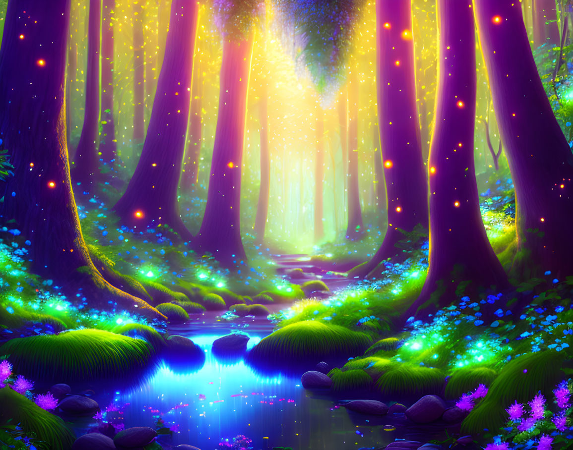 Vibrant mystical forest with glowing colors and serene stream