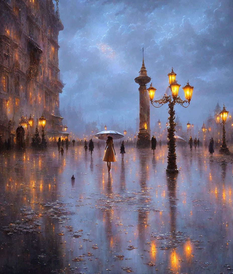 Twilight scene: Person with umbrella on wet street with ornate lamp posts and historical buildings