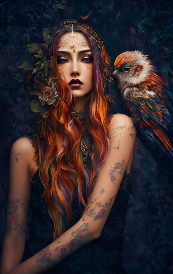 Colorful wavy hair woman with tattoos and bird against dark foliage