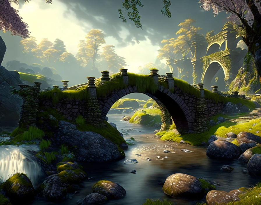 Serene river scene with old stone bridge in lush forest