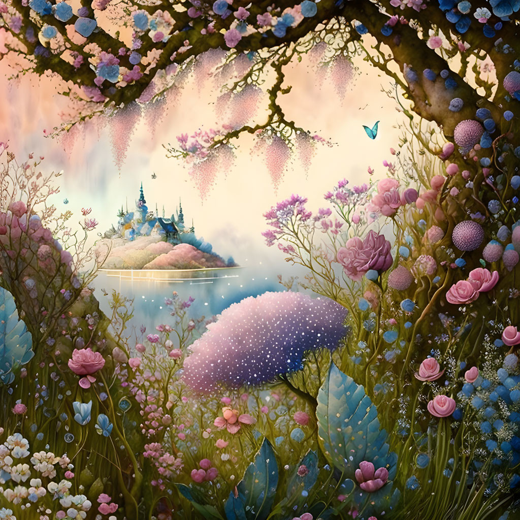 Fantasy landscape with castle, island, blossoming trees, flowers, butterfly, dreamy sky