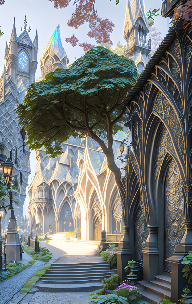 Tranquil cobblestone path to ornate gothic cathedral amid lush trees