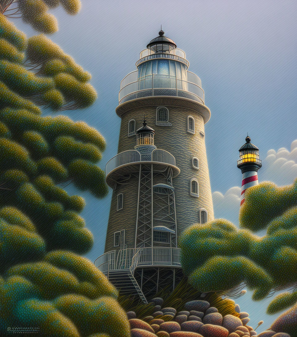 Surreal artwork featuring lighthouse and fluffy green clouds