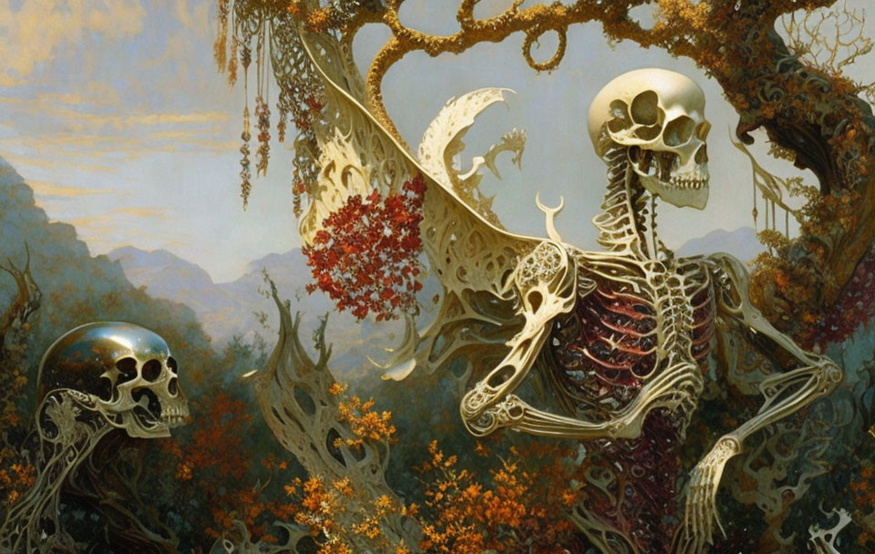 Detailed Surreal Landscape with Skeleton and Skull Object