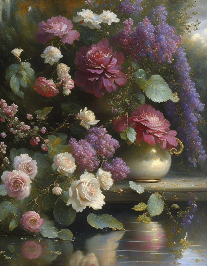 Opulent bouquet of roses and lilacs in a golden vase on dark surface