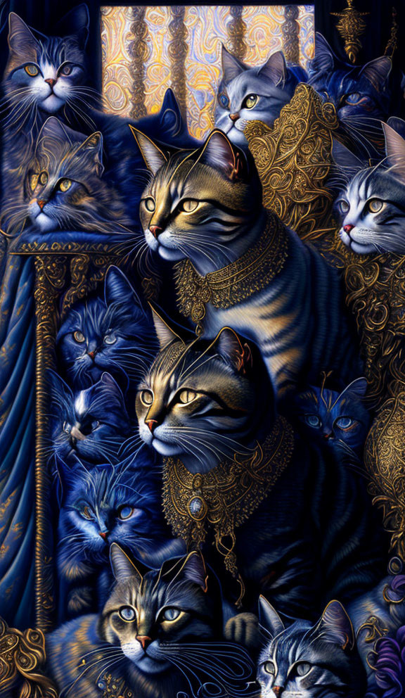 Detailed illustration of stylized cats in luxurious blue and gold fabrics