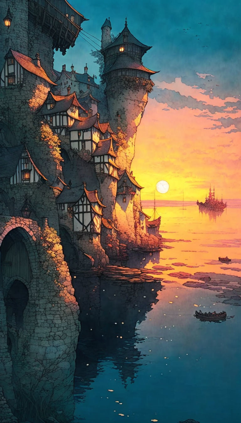 Cliffside fantasy village overlooking sea at sunset