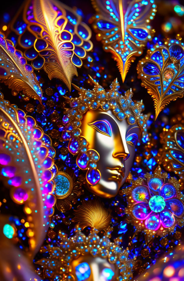 Colorful Fractal Art: Gold Mask Surrounded by Nature-Inspired Patterns