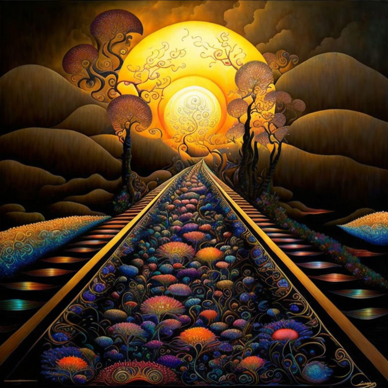 Colorful painting of train track under glowing sun, stylized trees & fantasy ambiance