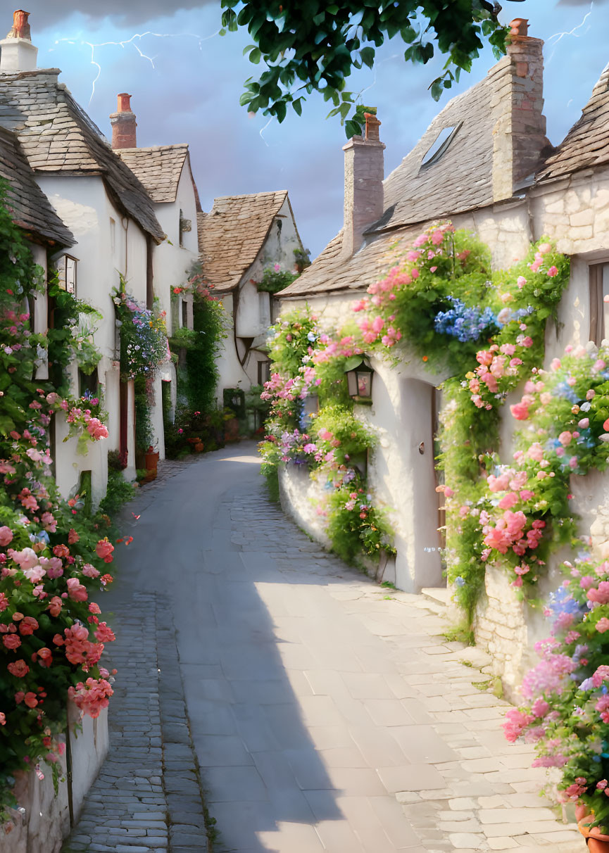 Charming cobblestone street with white cottages and blooming flowers