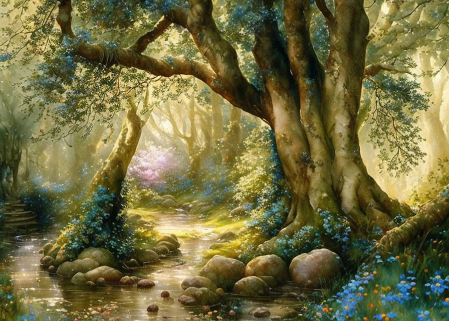 Tranquil forest scene with sunlight, stream, and wildflowers