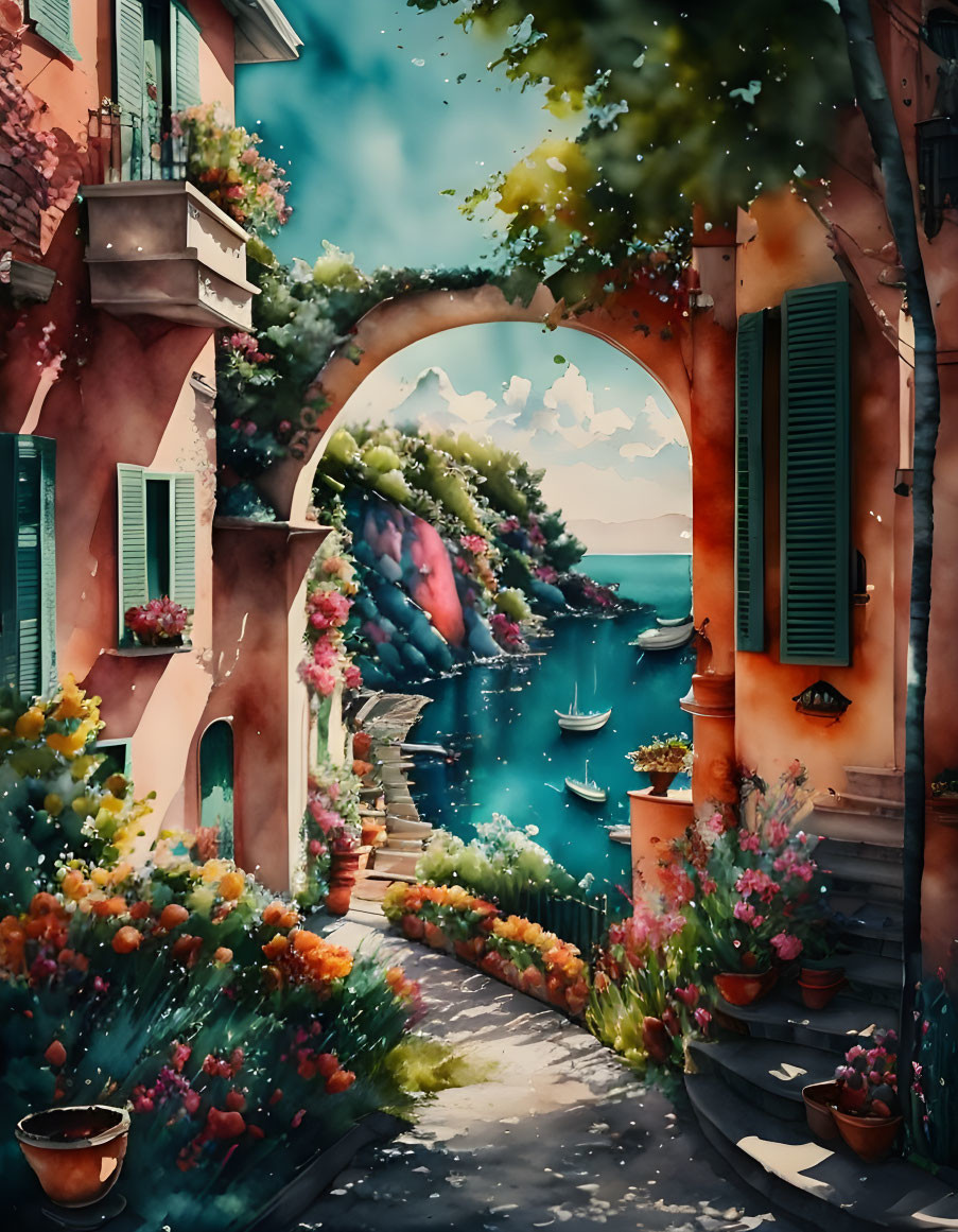 Scenic alleyway with vibrant flowers, arch, lake, sailboats, colorful buildings.