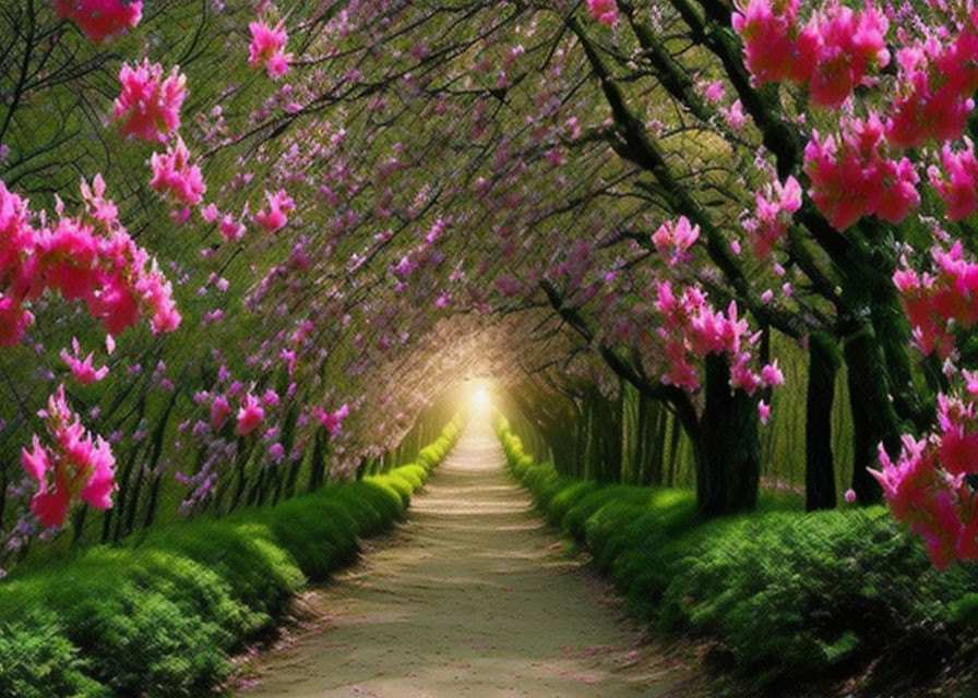 Tranquil Path with Pink Cherry Blossoms and Sunlight