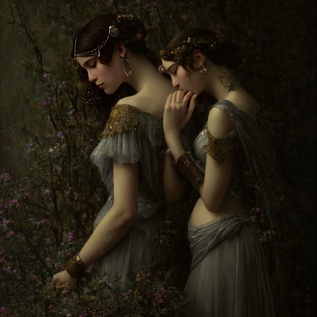 Two women in ethereal dresses embracing amid blooming bushes