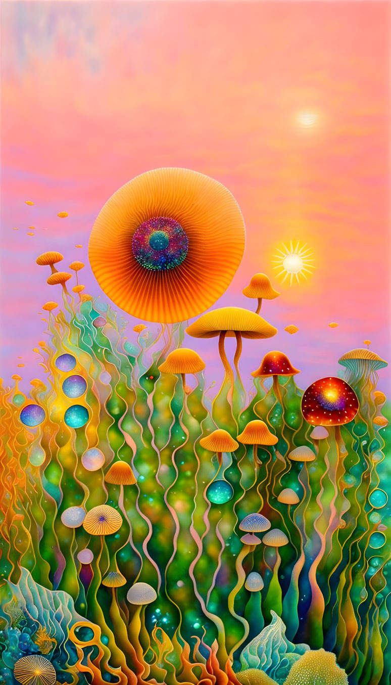 Colorful surreal landscape with stylized mushrooms against gradient sky