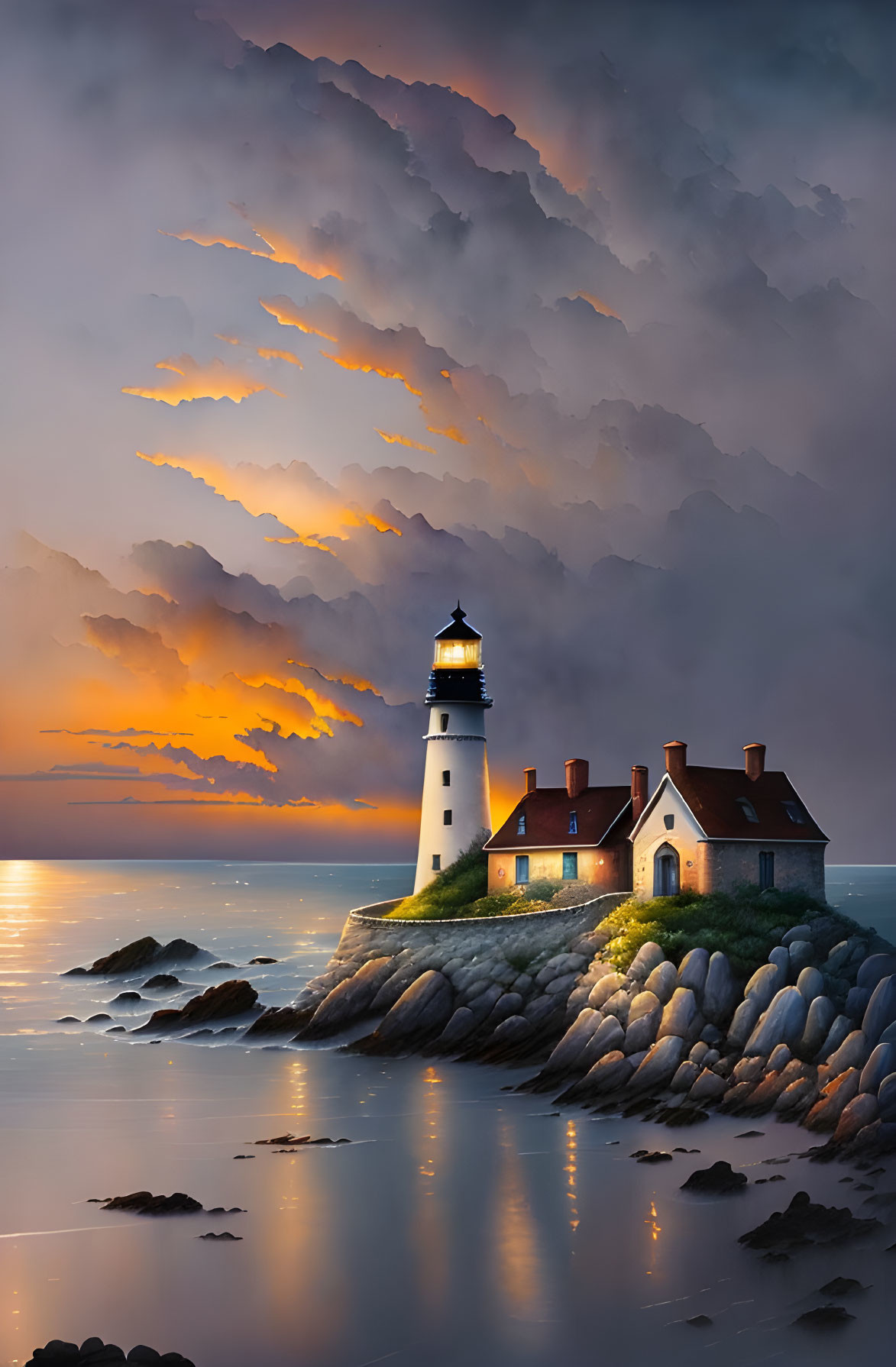 Serene lighthouse on rocky promontory at sunset