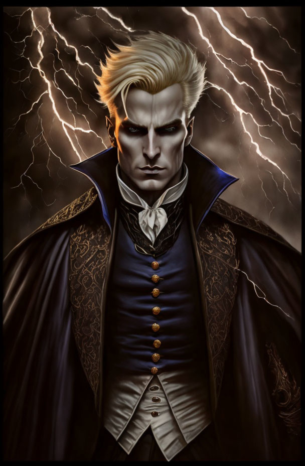 Illustration of gothic vampire in dark Victorian attire amid stormy lightning