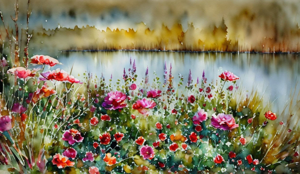 Vibrant wildflowers near tranquil lake with autumn forest backdrop