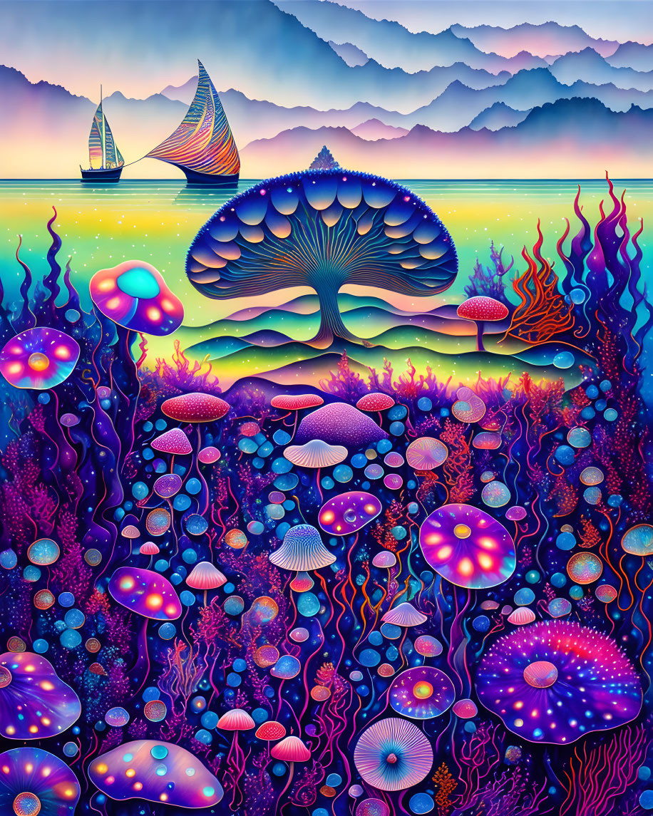 Colorful Underwater Scene with Jellyfish, Mushrooms, and Coral