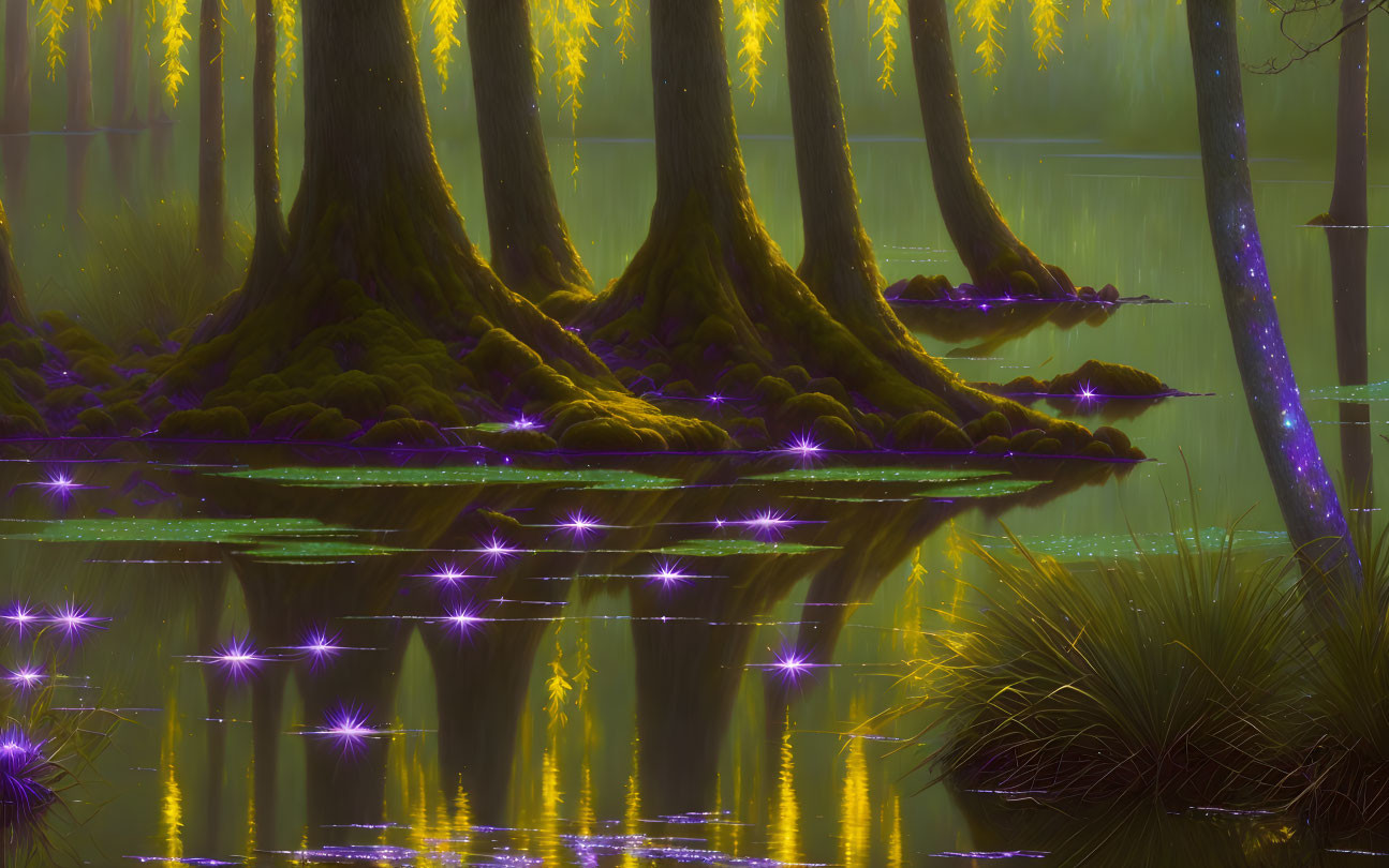 Mystical Swamp with Moss-Covered Trees and Sparkling Lights