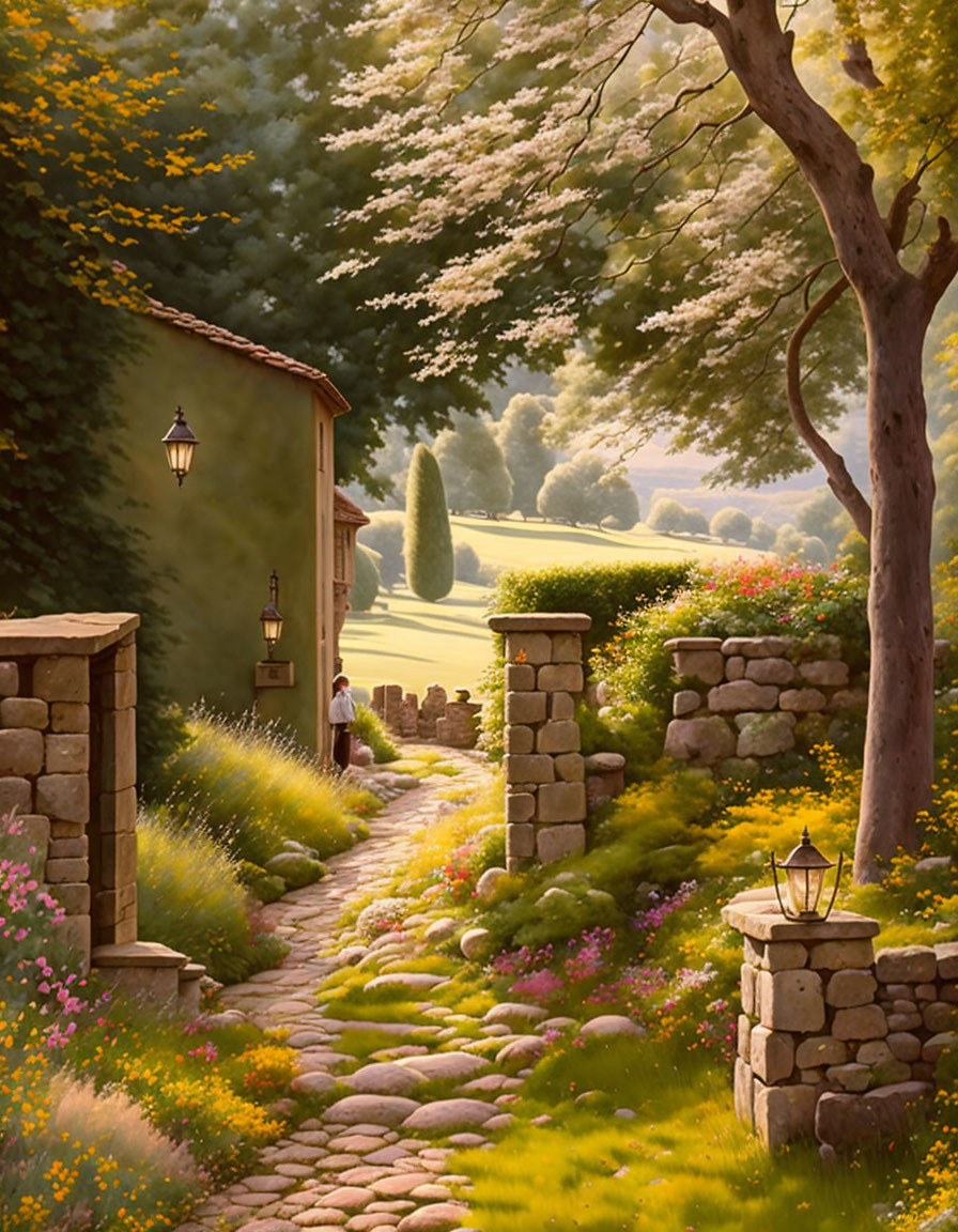 Tranquil cobblestone path through lush greenery and flowers