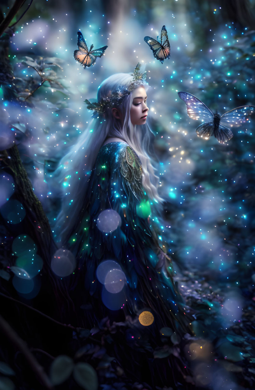 Fantasy-themed artwork: Woman with white hair in blue dress, glowing forest, butterflies